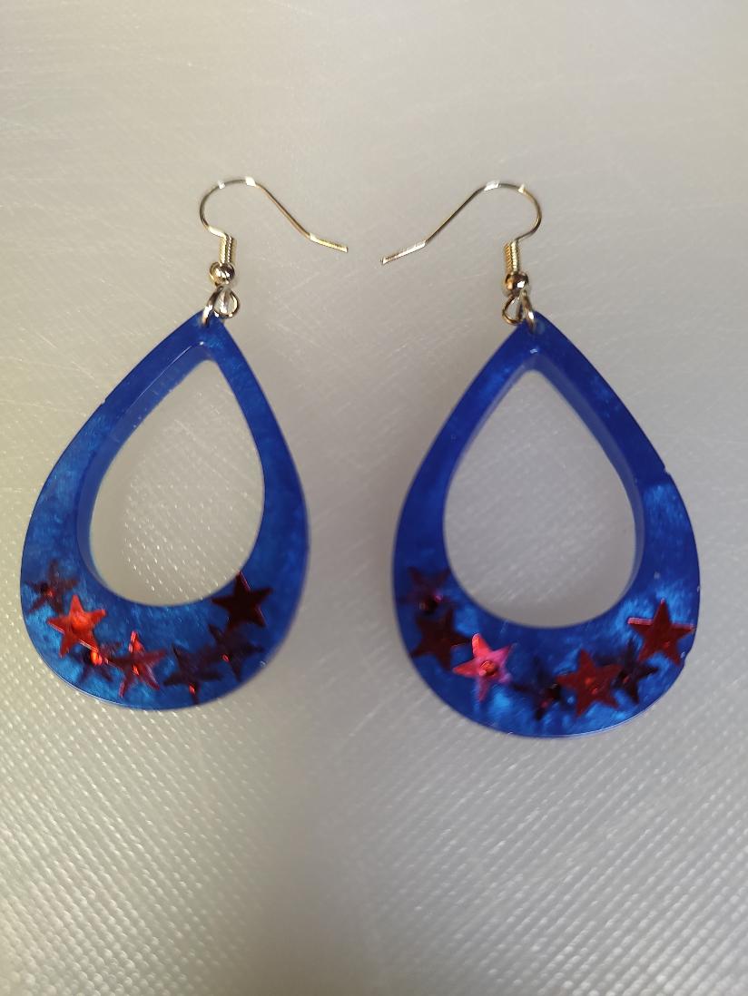 Blue hoops with red stars earrings